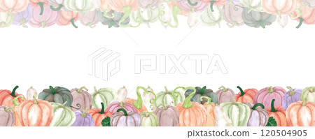 Hand drawn watercolor autumn pumpkins banner frame border isolated on white background. Rural illustration Can be used for banner, label, scrapbook and other printed products. 120504905