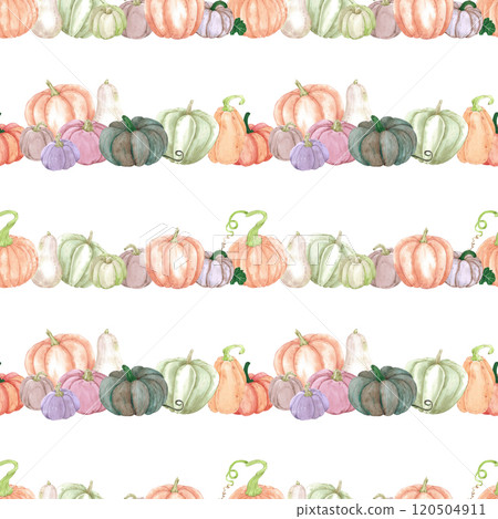 Hand drawn watercolor autumn pumpkins seamless pattern isolated on white background. Rural illustration Can be used for textile, fabric, scrapbook and other printed products. Hand drawn watercolor autumn pumpkins seamless pattern isolated on white background. Rural illustration Can be used for textile, fabric, scrapbook and other printed products. 120504911