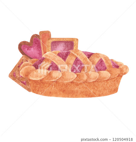 Hand drawn watercolor autumn berry tart with cookies and gingerbread composition isolated on white background. Can be used for postcard, label, scrapbook and other printed products. 120504918