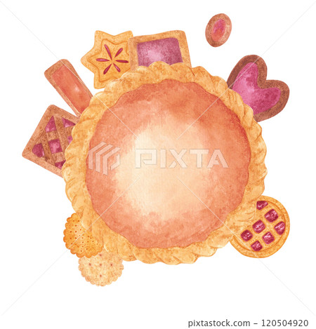 Hand drawn watercolor autumn pumpkin cake with cookies and gingerbread composition isolated on white background. Can be used for postcard, label, scrapbook and other printed products. Hand drawn watercolor autumn pumpkin cake with cookies and gingerbread composition isolated on white background. Can be used for postcard, label, scrapbook and other printed products. 120504920