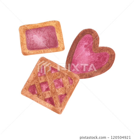 Hand drawn watercolor autumn cookies with jam composition isolated on white background. Can be used for postcard, label, scrapbook and other printed products. Hand drawn watercolor autumn cookies with jam composition isolated on white background. Can be used for postcard, label, scrapbook and other printed products. 120504921