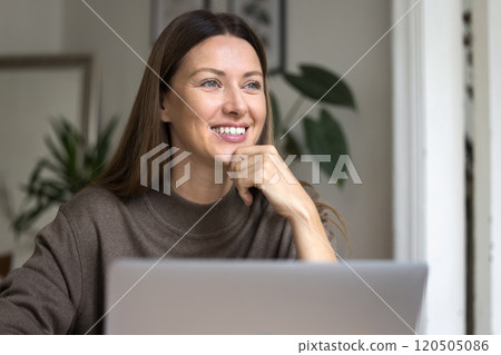 Woman sitting in front of laptop, looking away with smile Woman sitting in front of laptop, looking away with smile 120505086