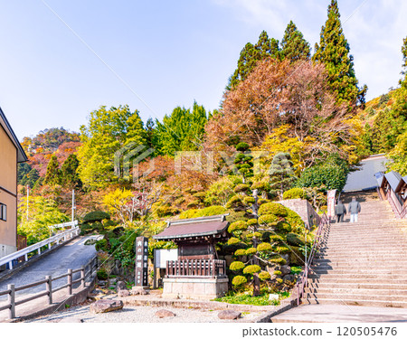 The trailhead to Yamadera Temple awash in autumn leaves 120505476