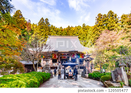 Risshakuji Temple's Konponchudo Hall decorated with autumn leaves 120505477