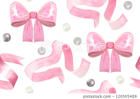 A satin bow, ribbon, pearls watercolor seamless pink pattern isolated on white. Hand drawn design elements perfect for wrapping paper, textile, background, websites, cards, poster, mother day decor 120505489