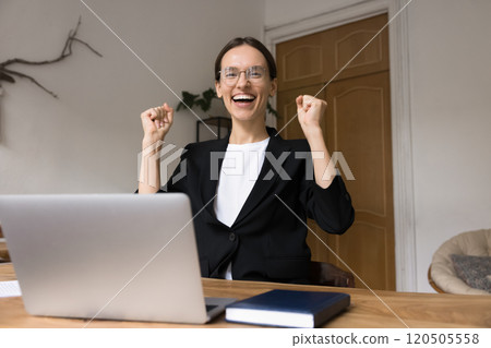 Woman making celebratory gesture, received message with good news Woman making celebratory gesture, received message with good news 120505558