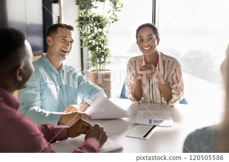 Happy young diverse business colleagues meeting for teamwork Happy young diverse business colleagues meeting for teamwork 120505586