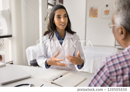 Older retired man listening health recommendation during visit at hospital Older retired man listening health recommendation during visit at hospital 120505830