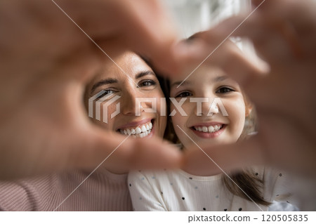 Beautiful mother and little adorable daughter showing symbol of love Beautiful mother and little adorable daughter showing symbol of love 120505835