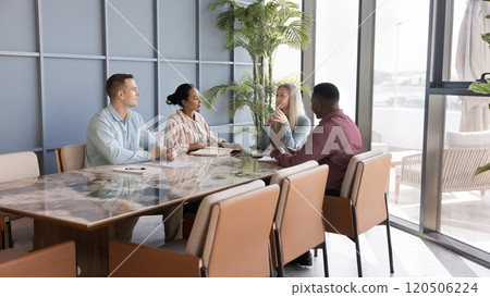 Multiethnic business team of young colleagues talking at meeting table 120506224