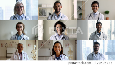 Collage of diverse general practitioners in uniform posing for camera Collage of diverse general practitioners in uniform posing for camera 120506777