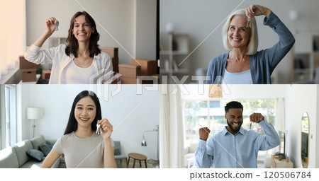 Portrait of excited people showing keys enjoy relocation day 120506784