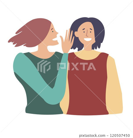 Gossip girl. A woman whispers something in her girlfriends ear. 120507450