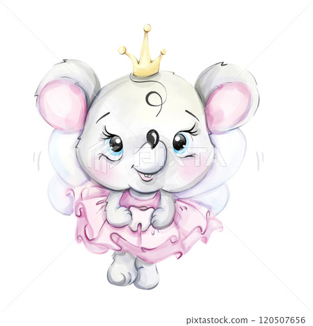 Watercolor tooth fairy. Cartoon dental princess mouse. Medical kids illustration for print, textile, design and decoration 120507656
