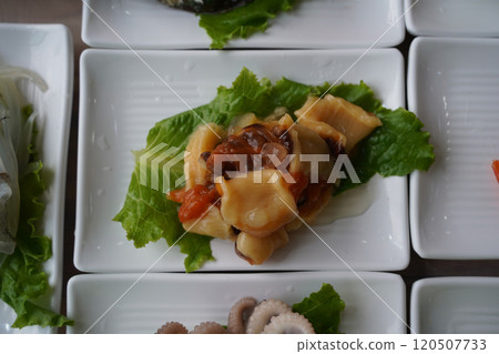 Fresh raw sea squirt served on a white plate Fresh raw sea squirt served on a white plate 120507733