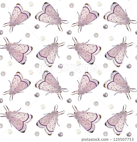 Pink moths and pearls seamless pattern isolated on white. High quality hand painted watercolor illustration. Butterfly clip art for wrapping paper, scrapbook, textile, cloths, background, card design 120507753