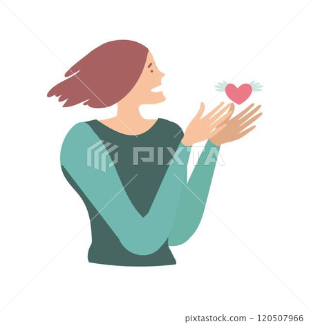 A woman with hands releasing a small heart with wings, 120507966