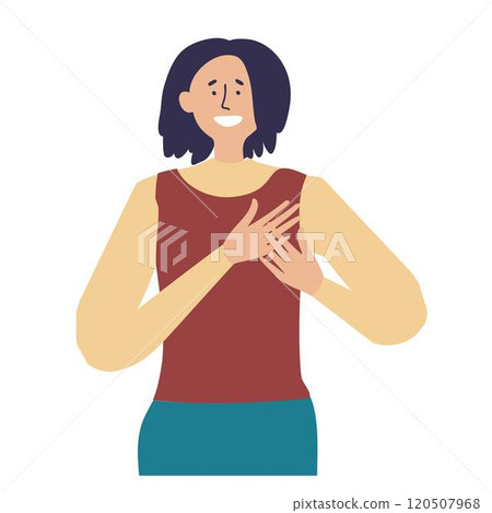 A young woman holds her heart expressing gratitude and appreciation or feeling in love A young woman holds her heart expressing gratitude and appreciation or feeling in love 120507968