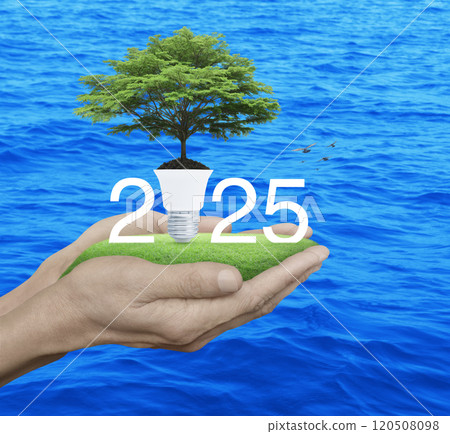 Happy new year 2025 green ecology and saving energy concept 120508098
