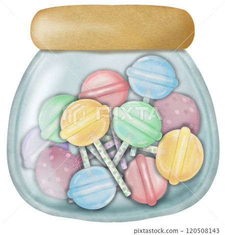 Assorted lollipop candies in a Glass jar for decorative , party setting. hand drawn cartoon style. 120508143