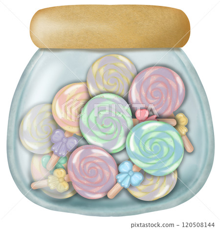 Assorted lollipop candies in a Glass jar for decorative , party setting. hand drawn cartoon style. Assorted lollipop candies in a Glass jar for decorative , party setting. hand drawn cartoon style. 120508144