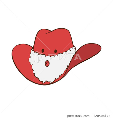 Red Christmas cowboy hat with Santa white fluffy beard, eyes and mouth hand drawn illustration Red Christmas cowboy hat with Santa white fluffy beard, eyes and mouth hand drawn illustration 120508172