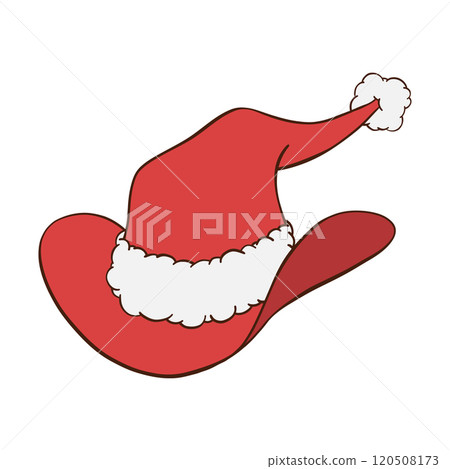 Red Christmas cowboy hat with Santa cap white fur trim and pom pom hand drawn illustration 120508173