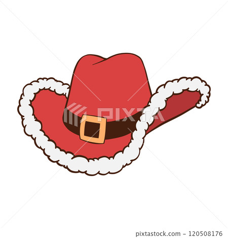 Red Christmas cowboy hat with Santa cap white fur trim and black belt hand drawn illustration 120508176