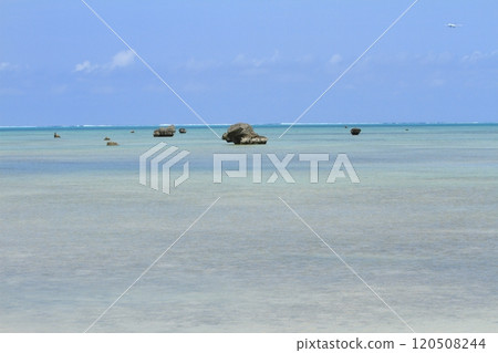 A view of an airplane landing at Shimoji Airport from above Sawada Beach on Irabu Island 120508244