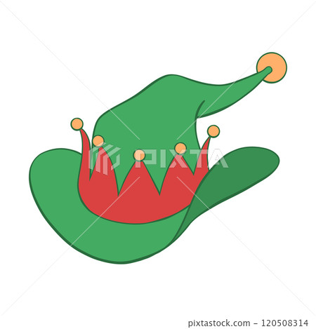 Green and red Christmas cowboy pointed elf hat hand drawn illustration Green and red Christmas cowboy pointed elf hat hand drawn illustration 120508314