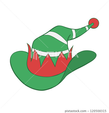 Green, white striped and red Christmas cowboy pointed elf hat hand drawn illustration Green, white striped and red Christmas cowboy pointed elf hat hand drawn illustration 120508315