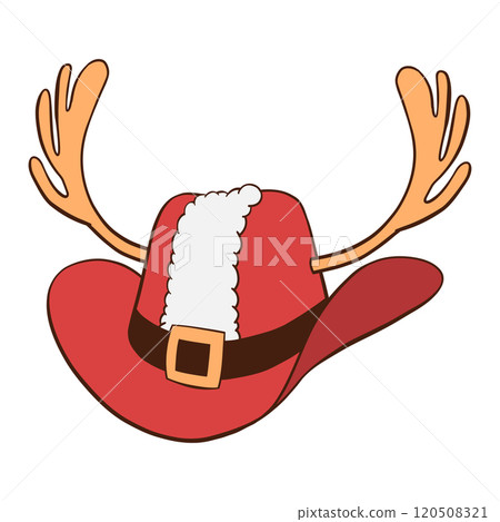 Red Christmas cowboy hat with reindeer antlers, Santa coat white fur trim and black belt hand drawn illustration Red Christmas cowboy hat with reindeer antlers, Santa coat white fur trim and black belt hand drawn illustration 120508321