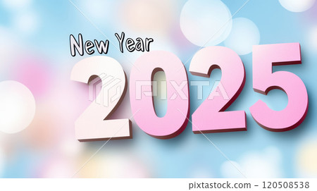 New Year 2025 text on light bokeh background with soft colors, creating festive and cheerful atmosphere. Perfect for celebrating upcoming year! 120508538