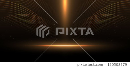 Abstract elegant gold glowing curved lines with lighting effect sparkle on black background. Abstract elegant gold glowing curved lines with lighting effect sparkle on black background. 120508579