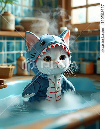 鯊魚角色扮演小貓在旅館的溫泉中放鬆 120508627