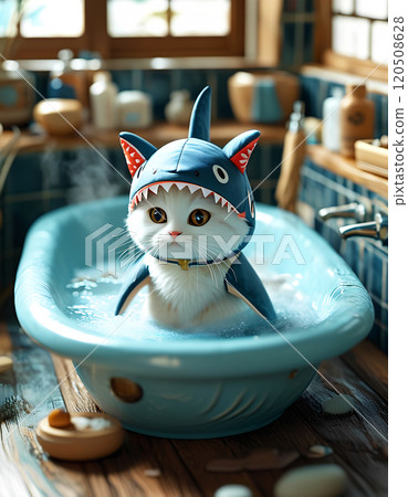 A kitten dressed as a shark relaxing in the hot spring at a ryokan 120508628