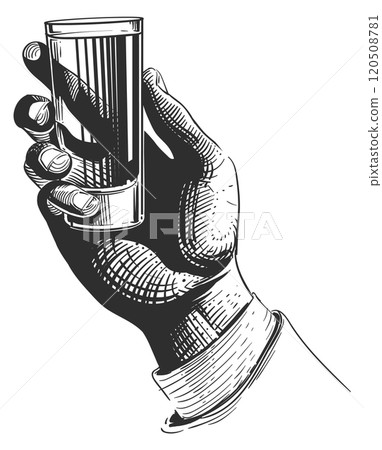Vodka shot glass in human hand black engraving 120508781