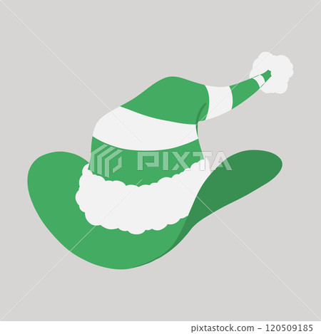 Green and white striped Christmas cowboy elf hat with fur trim and pompom hand drawn flat design illustration 120509185