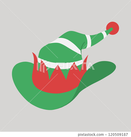 Green, white striped and red Christmas cowboy pointed elf hat hand drawn flat design illustration  120509187