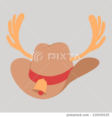 Christmas cowboy hat with gold reindeer antlers, bell and red hatband hand drawn flat design illustration 120509195