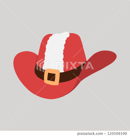 Red Christmas cowboy hat with Santa coat white fur trim and black belt hand drawn flat design illustration 120509199