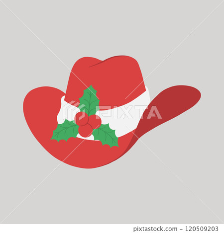 Red Christmas cowboy hat with holly berries and leaves hand drawn flat design illustration 120509203