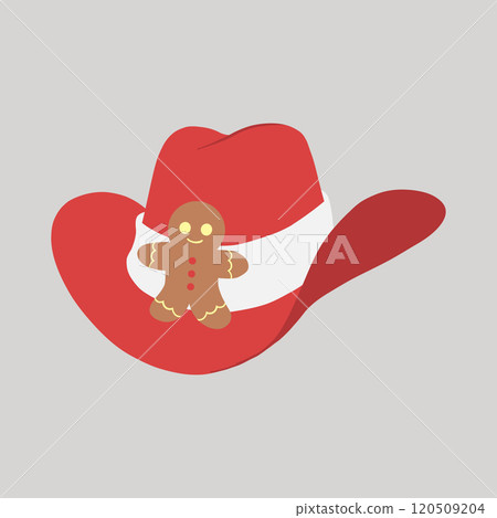 Red Christmas cowboy hat with brown gingerbread man cookie hand drawn flat design illustration 120509204