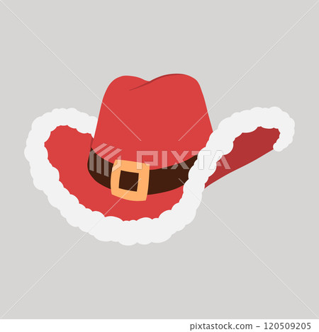 Red Christmas cowboy hat with Santa cap white fur trim and black belt hand drawn flat design illustration 120509205