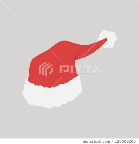 Red Christmas hat with fluffy fur trim and pom pom hand drawn flat design illustration Red Christmas hat with fluffy fur trim and pom pom hand drawn flat design illustration 120509206