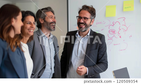 Businessman and his partners discussing something on a whiteboard. 120509354