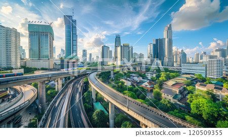 Panoramic view of city elevated overpass. Panoramic view of city elevated overpass. 120509355