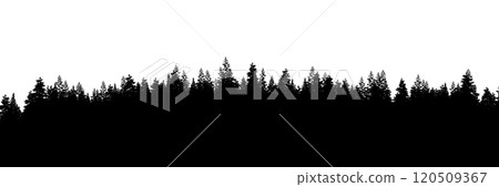 3d rendering of the dense pine forest silhouette on white background. Wide seamless nature panorama landscape 3d rendering of the dense pine forest silhouette on white background. Wide seamless nature panorama landscape 120509367