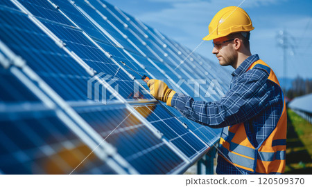 Engineer or worker work installing solar cells on solar roof panel. Engineer or worker work installing solar cells on solar roof panel. 120509370