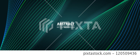 Abstract dark turquoise wide vector background with glowing blue and green wavy lines 120509436